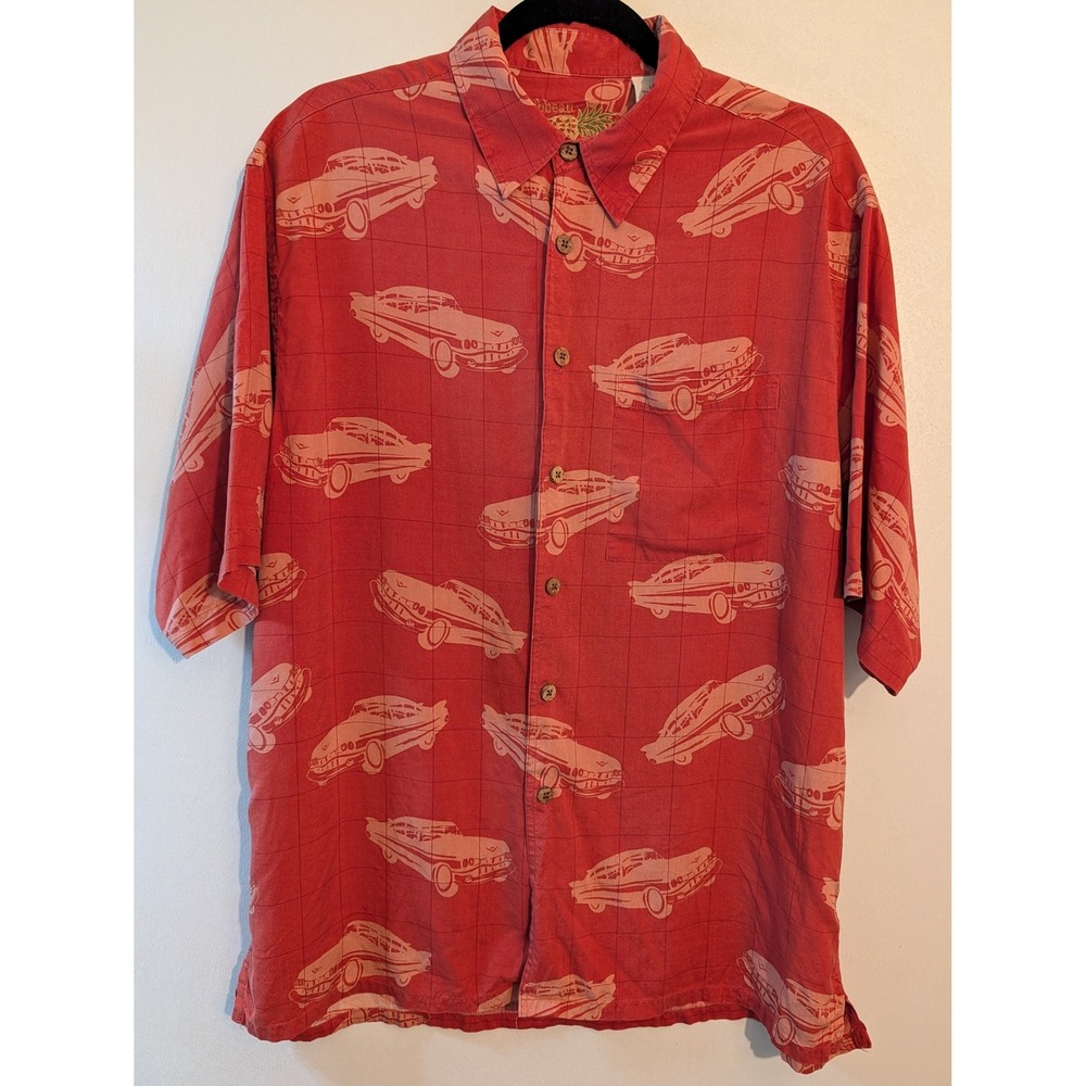 Caribbean Men Large Red 100% Silk Vintage Car Print Short Sleeve Button Up Shirt
